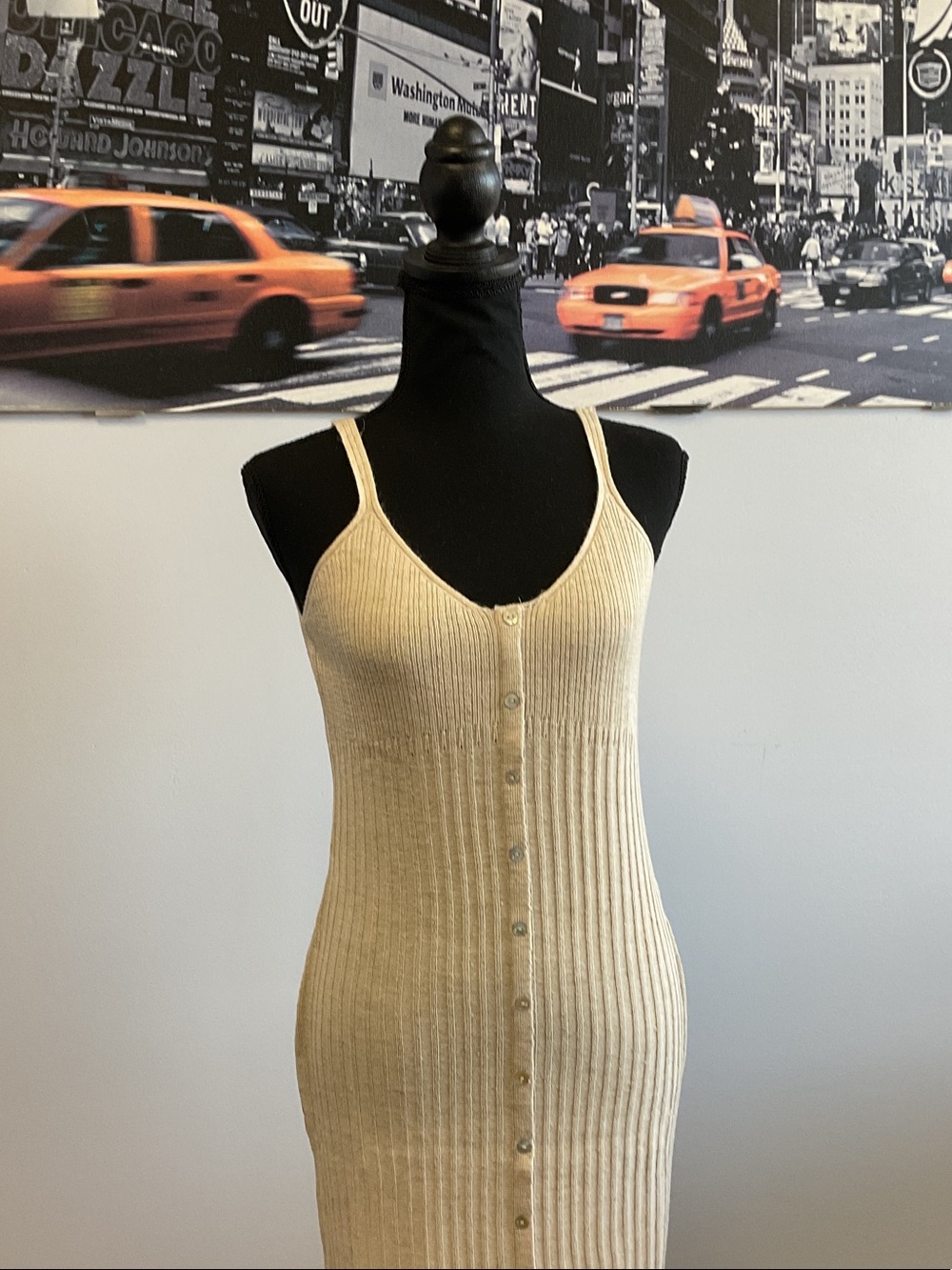 Ming Wang Beige Ribbed Button-Front Tank Dress